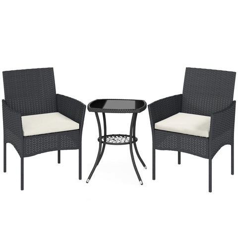 Outsunny 3 Piece Rattan Bistro Set, PE Wicker Garden Furniture Conversation Set with 2 Tier Glass-Top Table, Chairs, Cream White