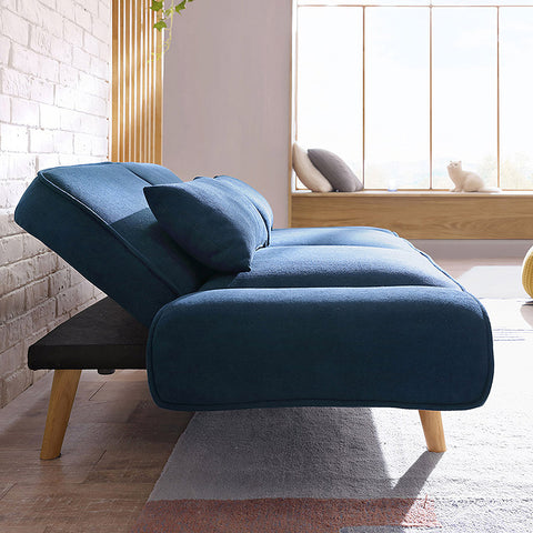 Blue upholstered Morales foldable sofa bed with wooden legs designed as a kid sofa bed and foldable sofa bed