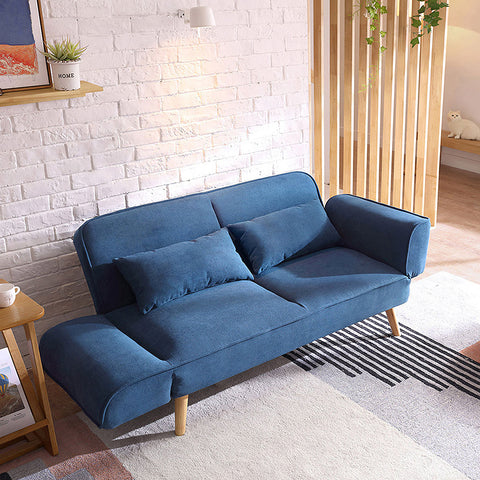 Blue upholstered morales foldable sofa bed with wooden legs and matching cushions designed as a kid sofa bed