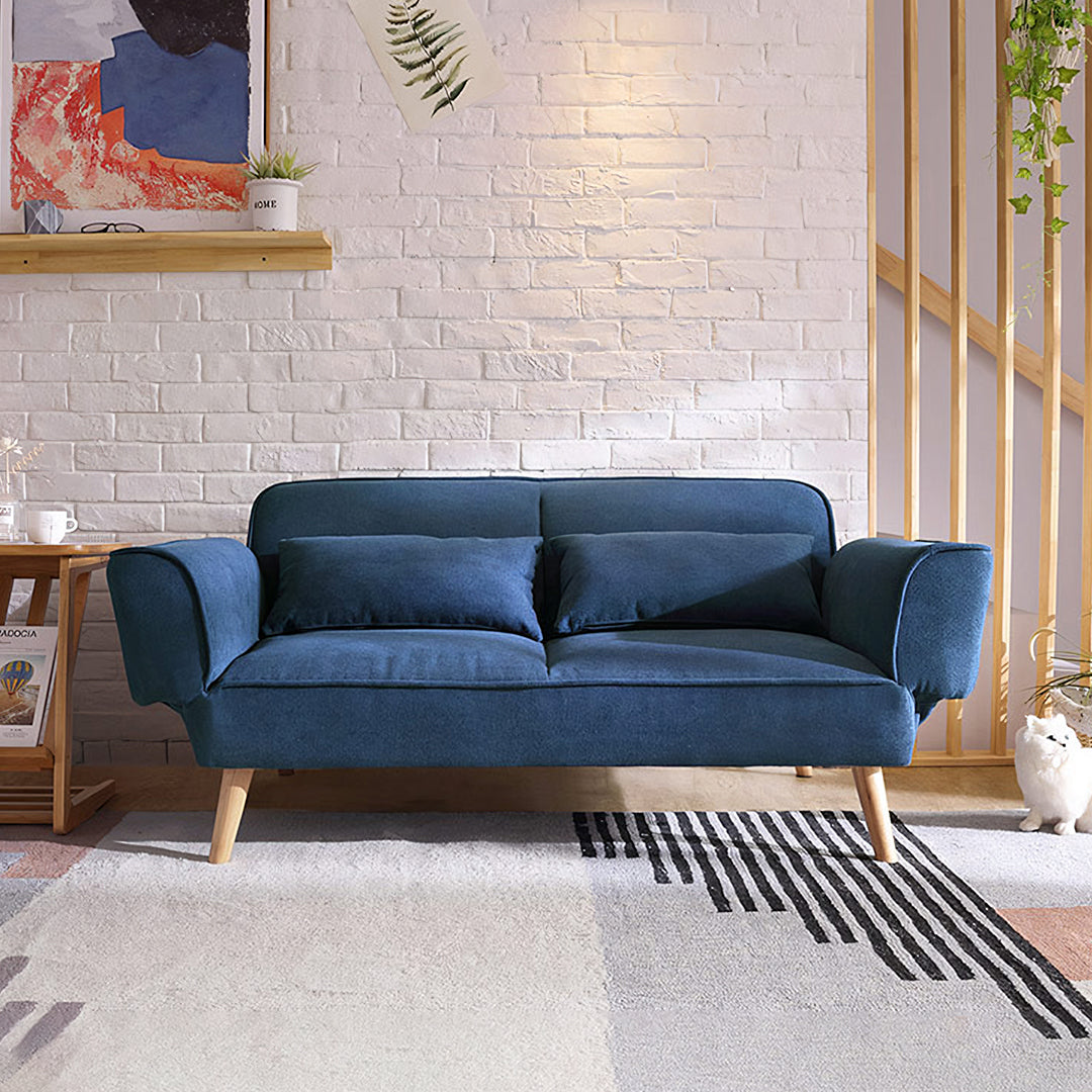 Blue velvet two-seater morales foldable sofa bed with wooden legs ideal as a kid sofa bed and foldable sofa bed