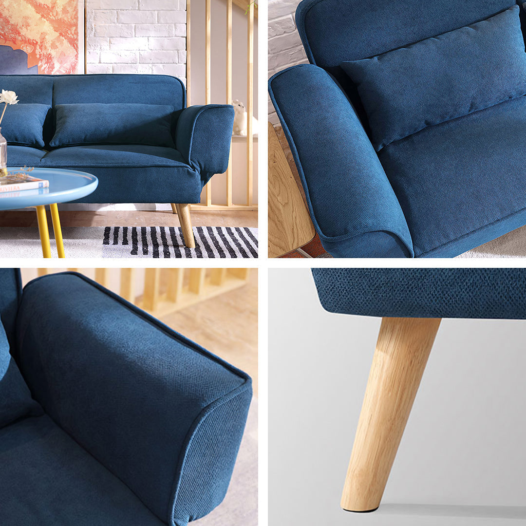 Deep blue upholstered morales foldable sofa bed with wooden legs and rolled armrests ideal as a kid sofa bed