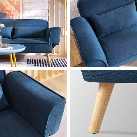 Deep blue upholstered morales foldable sofa bed with wooden legs and rolled armrests ideal as a kid sofa bed