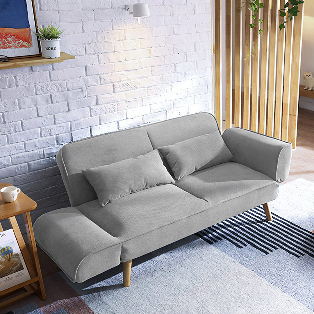 Gray fabric morales foldable sofa bed with wooden legs and matching throw pillows ideal kid sofa bed