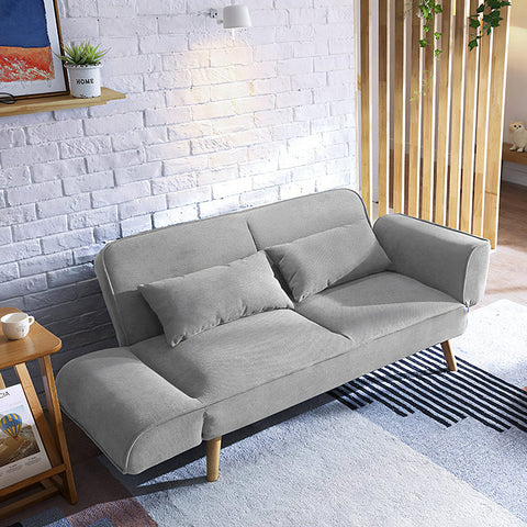 Gray fabric morales foldable sofa bed with wooden legs and matching throw pillows ideal kid sofa bed