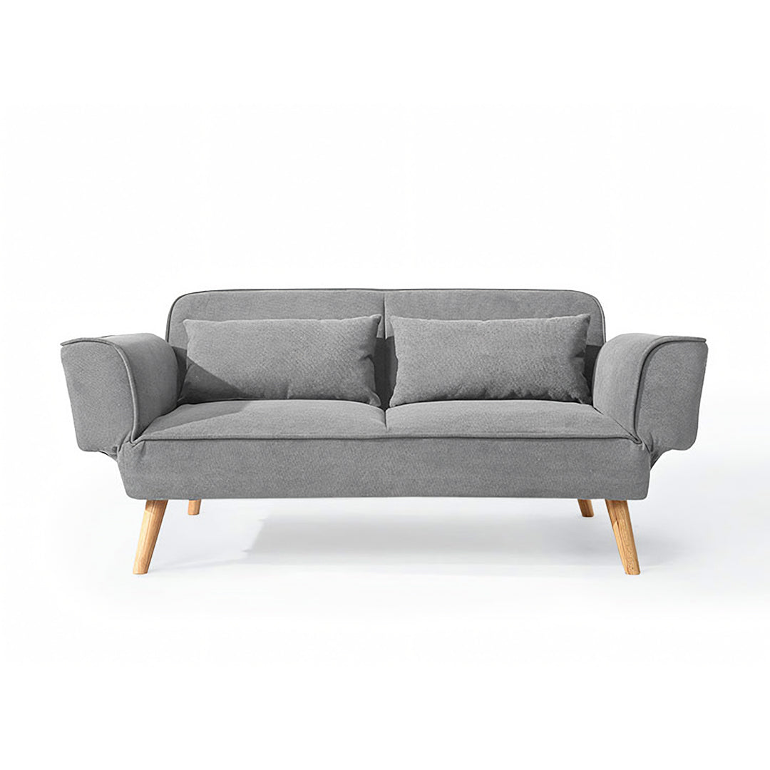 Gray fabric sofa bed with wooden legs and two cushions in Morales foldable sofa bed kid sofa bed design