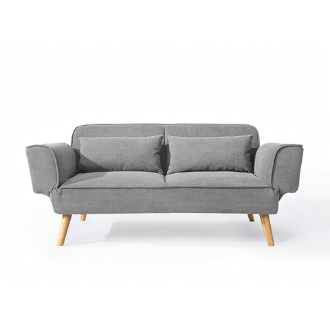Gray fabric sofa bed with wooden legs and two cushions in Morales foldable sofa bed kid sofa bed design