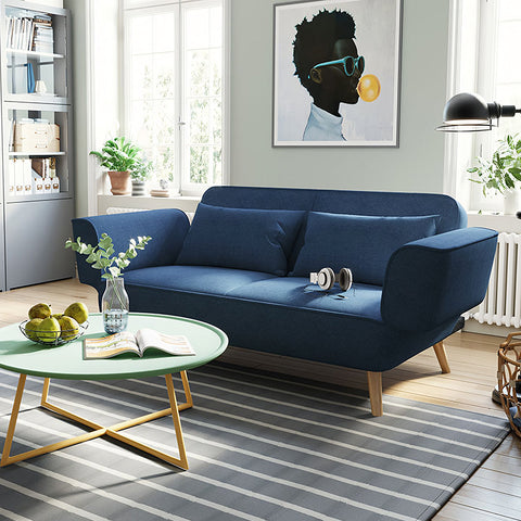 Navy blue upholstered morales foldable sofa bed with wooden legs designed as a kid sofa bed