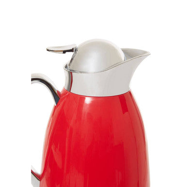 Red vacuum jug morar with red insulated body and sleek silver lid and handle for hot and cold drinks