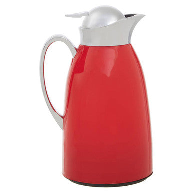 Red insulated vacuum jug with silver lid and handle perfect for keeping drinks hot or cold on the go