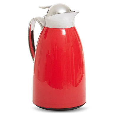 Red insulated vacuum jug morar with silver lid and handle for keeping drinks hot or cold