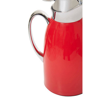 Red vacuum jug with shiny chrome handle and lid insulated to keep drinks hot or cold by Morar