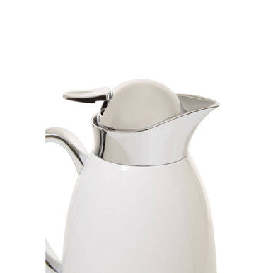 White ceramic morar vacuum jug with sleek silver metallic lid and handle perfect as a white vacuum jug