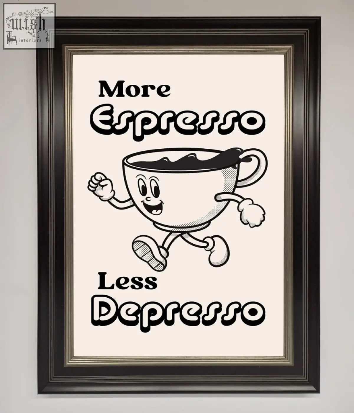 Black-framed espresso framed print featuring a smiling cartoon espresso cup running on an off-white background