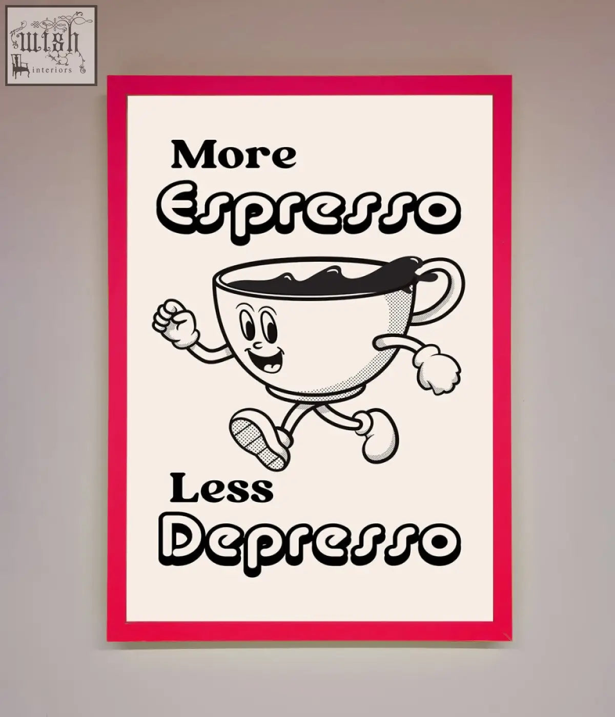 A cheerful cartoon espresso cup on cream background in a vibrant pink espresso framed print wall art