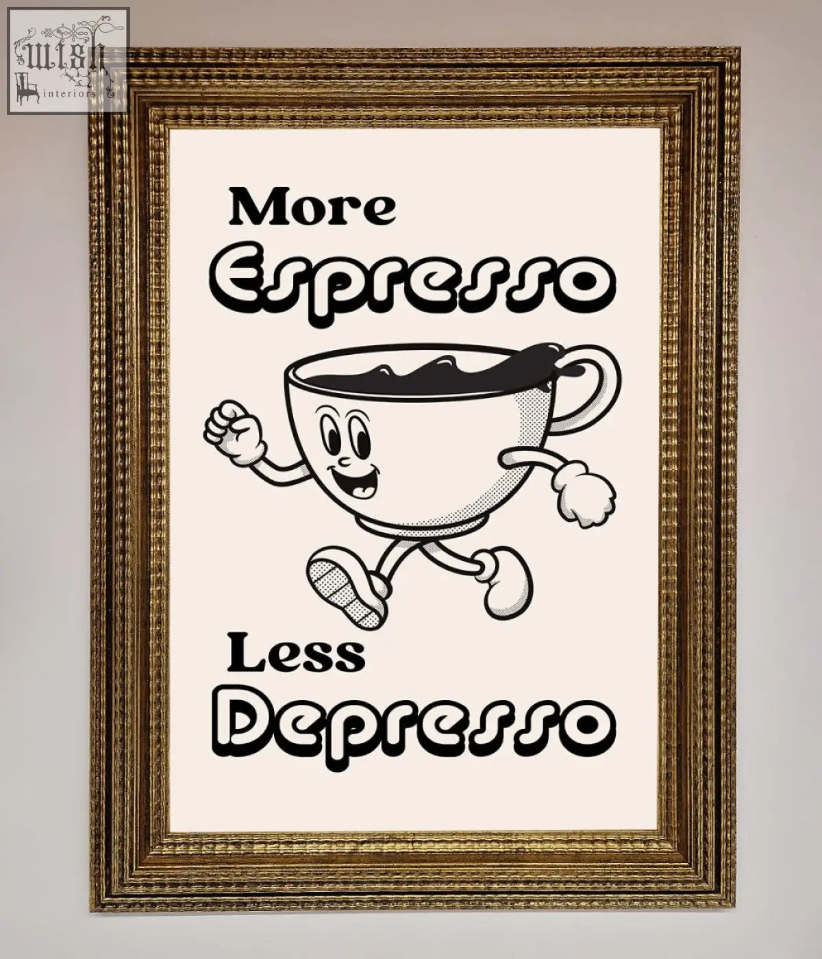A fun espresso framed print with a cartoon running espresso cup and bold text more espresso less depresso on off-white
