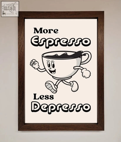 A black and white framed print of a running cartoon espresso cup with the text more espresso less depresso perfect espresso framed art