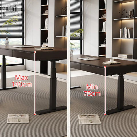 Moreno electric standing office desk with storage in solid wood dark finish and black legs adjustable from 75cm to 140cm