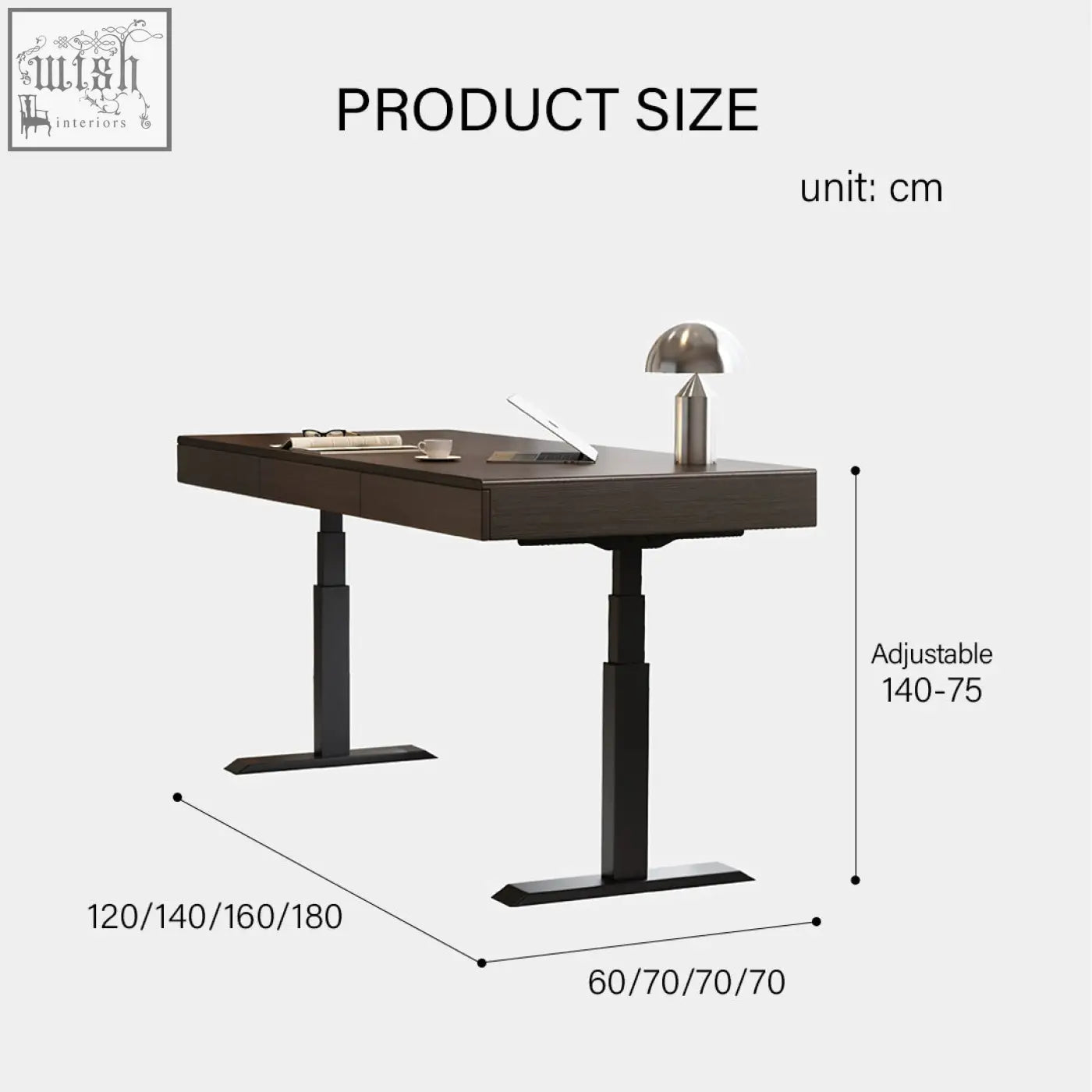 Moreno electric standing office desk with adjustable height dark wood solid wood top and black metal legs
