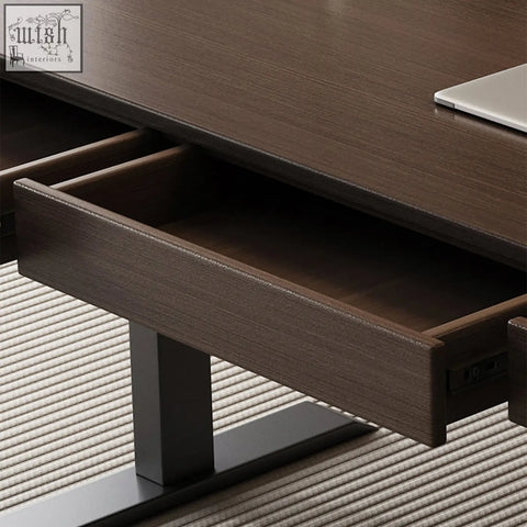 Dark brown solid wood desk drawer with sleek modern design and black metal legs from moreno electric standing office desk