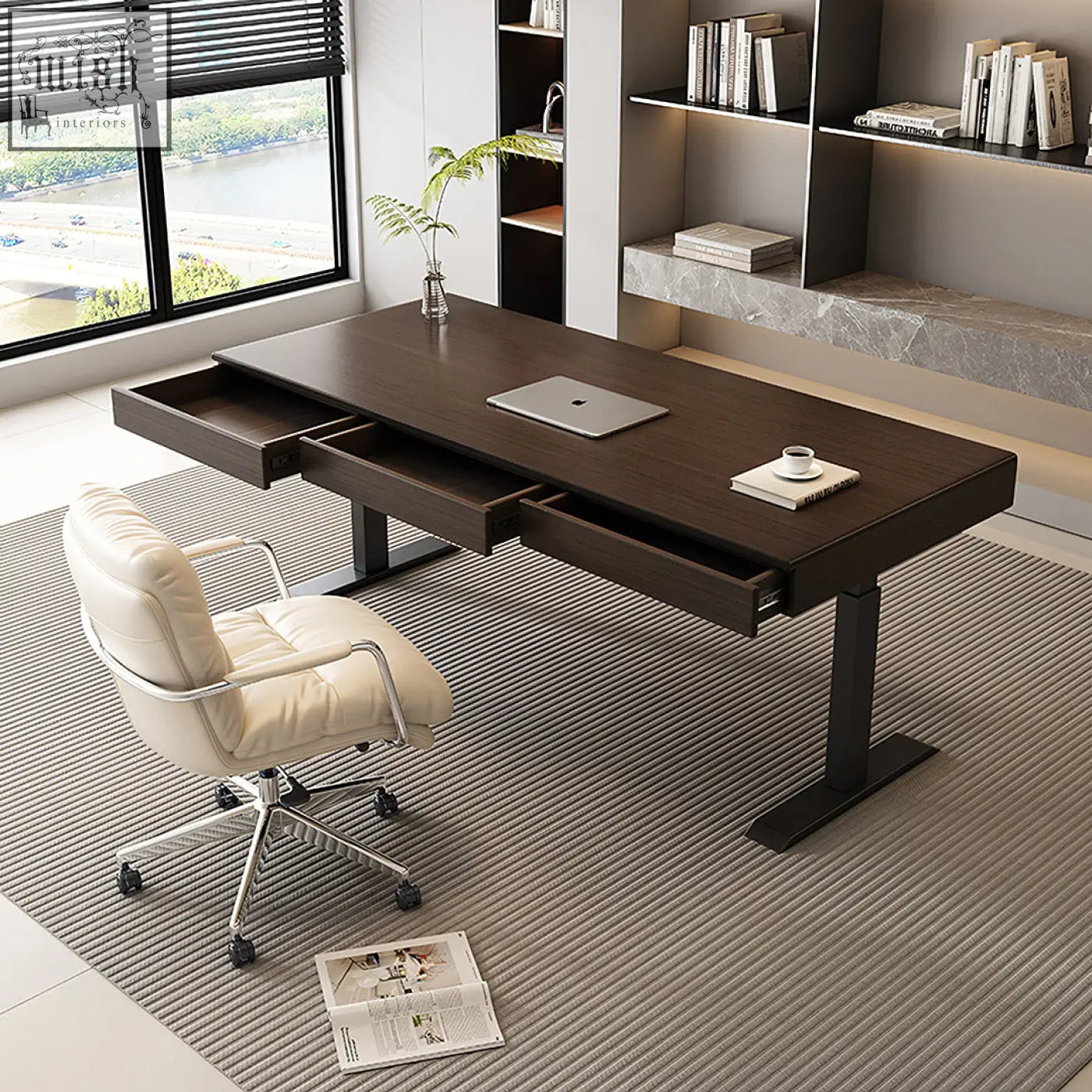 Dark wood moreno electric standing office desk with three drawers and black metal legs solid wood design