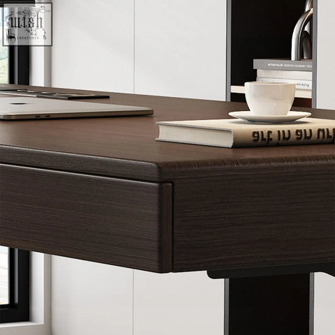 Moreno electric standing solid wood desk with dark wood grain and sleek modern design with integrated drawer