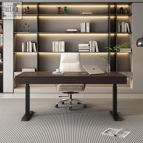 Modern dark wood moreno electric standing office desk with sleek black metal legs and integrated drawers for storage