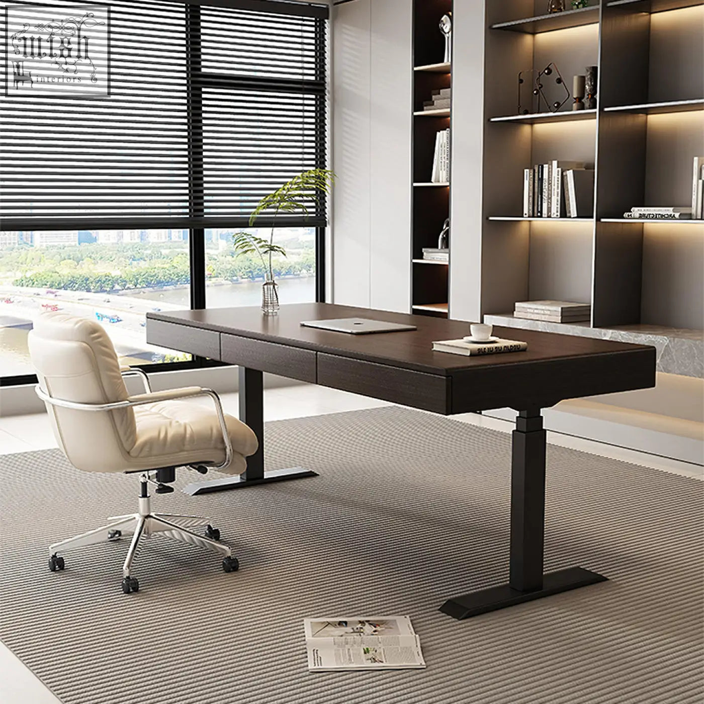 Modern moreno electric standing office desk with solid wood dark wood top and sleek black metal legs minimalist design