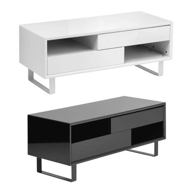 Modern white and black glossy tv console with sleek drawer fronts and minimalist metal legs in moritz black high gloss