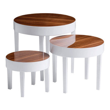 Set of three round moritz nest tables with white high gloss painted legs and rich brown wood tops