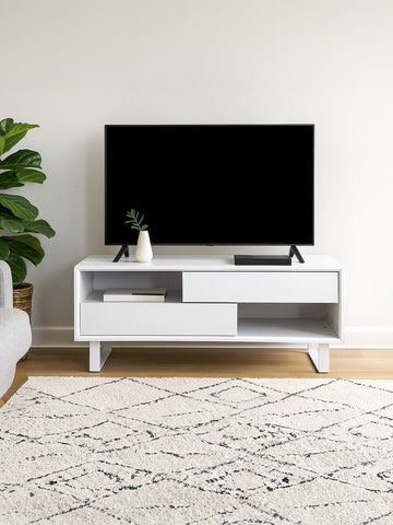 White minimalist tv stand with sleek drawers and open shelves in moritz white high gloss finish