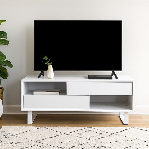 White high gloss modern tv stand with sleek drawers and minimalist legs from moritz white high collection