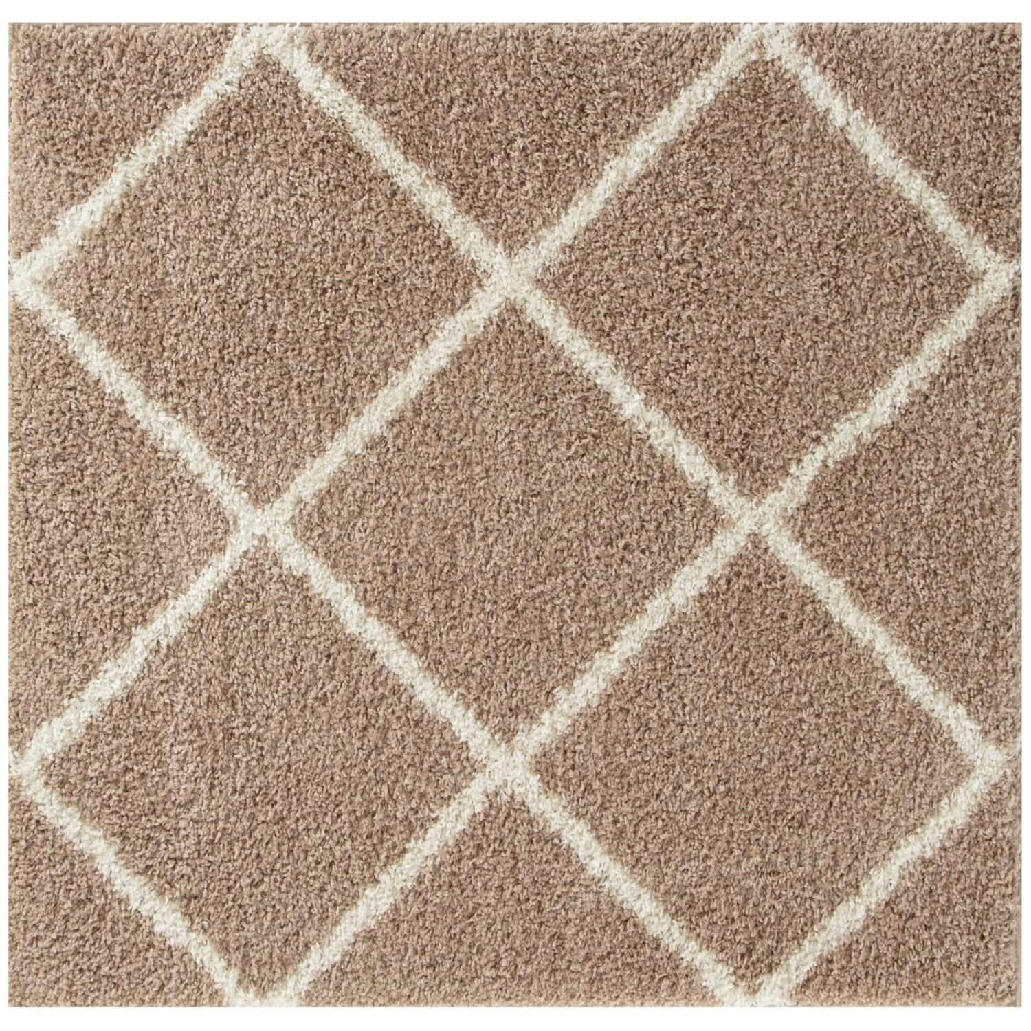 Moroccan beige shaggy rug with plush textured surface and cream diamond geometric pattern in beige shaggy rug style