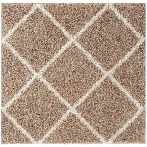 Moroccan beige shaggy rug with plush textured surface and cream diamond geometric pattern in beige shaggy rug style