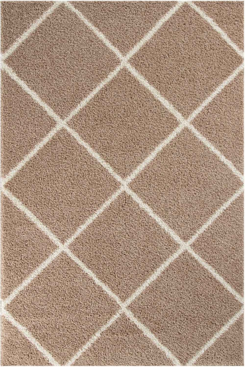 Moroccan beige shaggy rug with a beige color and white diamond pattern perfect for cozy living spaces