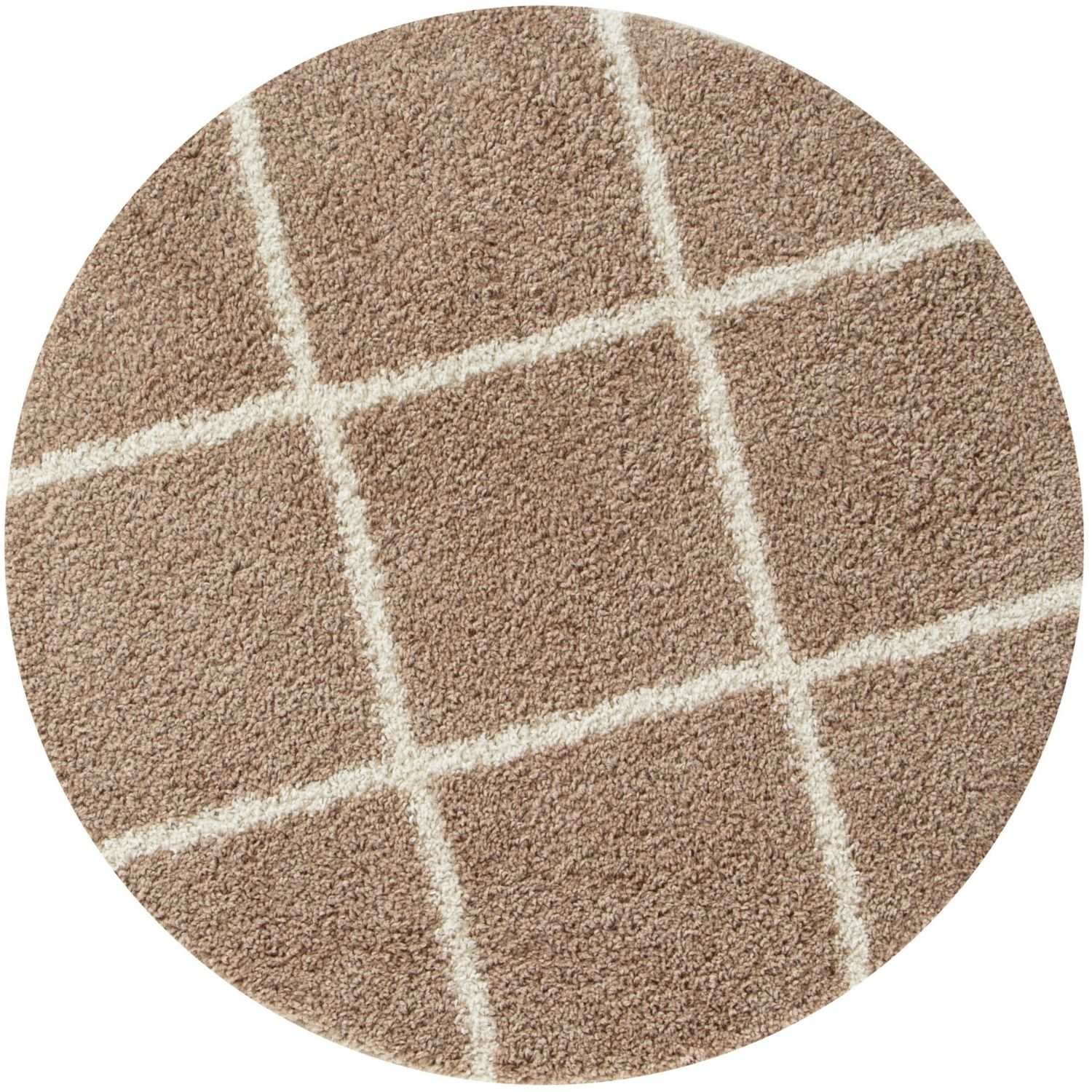Moroccan beige shaggy circular rug with plush texture and cream grid lines forming square patterns is cozy and stylish