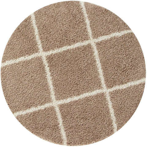 Moroccan beige shaggy circular rug with plush texture and cream grid lines forming square patterns is cozy and stylish