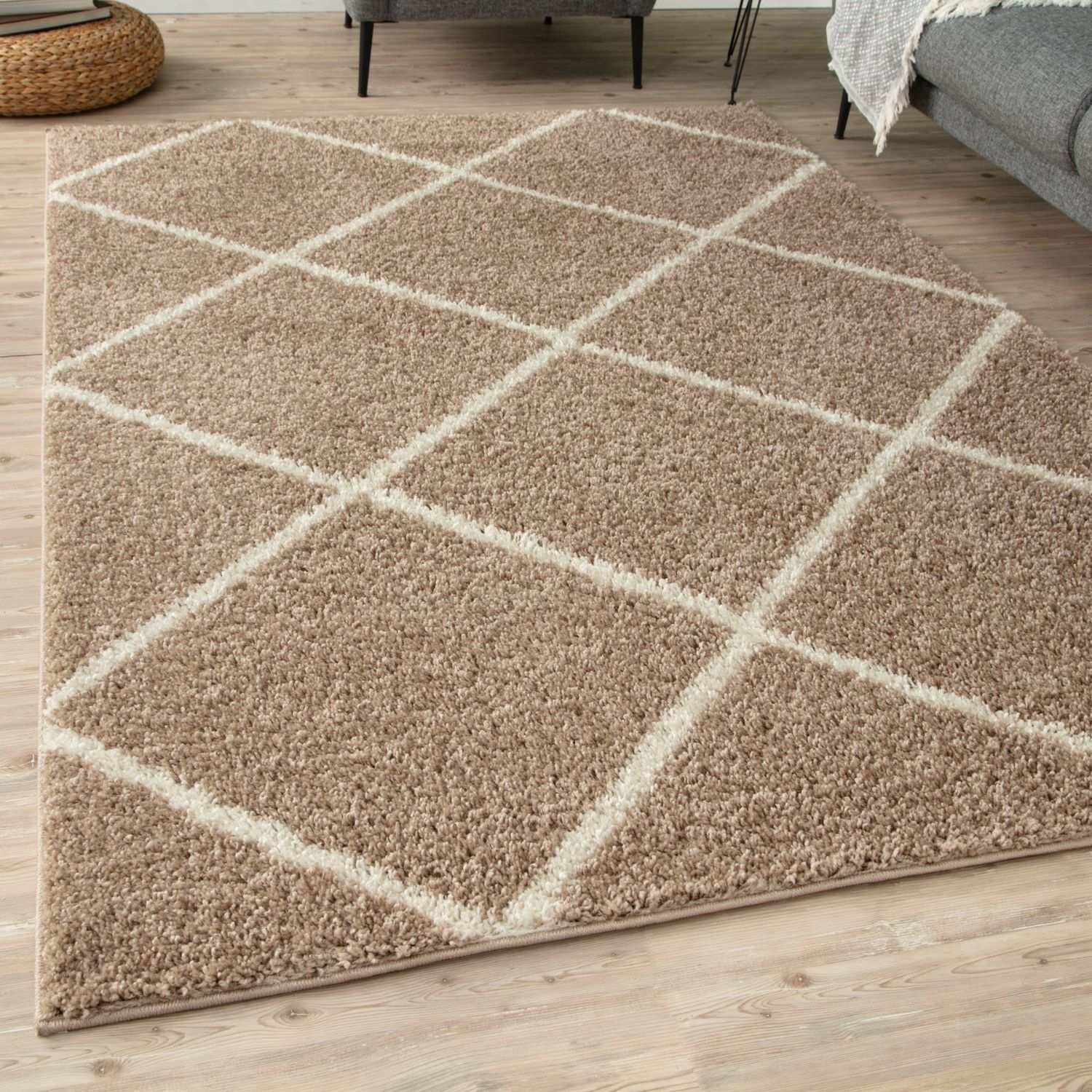 Moroccan beige shaggy rug with cream-colored diamond pattern in soft shag texture perfect for cozy spaces