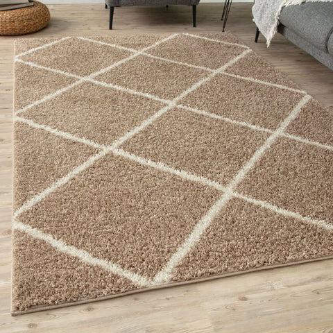 Moroccan beige shaggy rug with cream-colored diamond pattern in soft shag texture perfect for cozy spaces