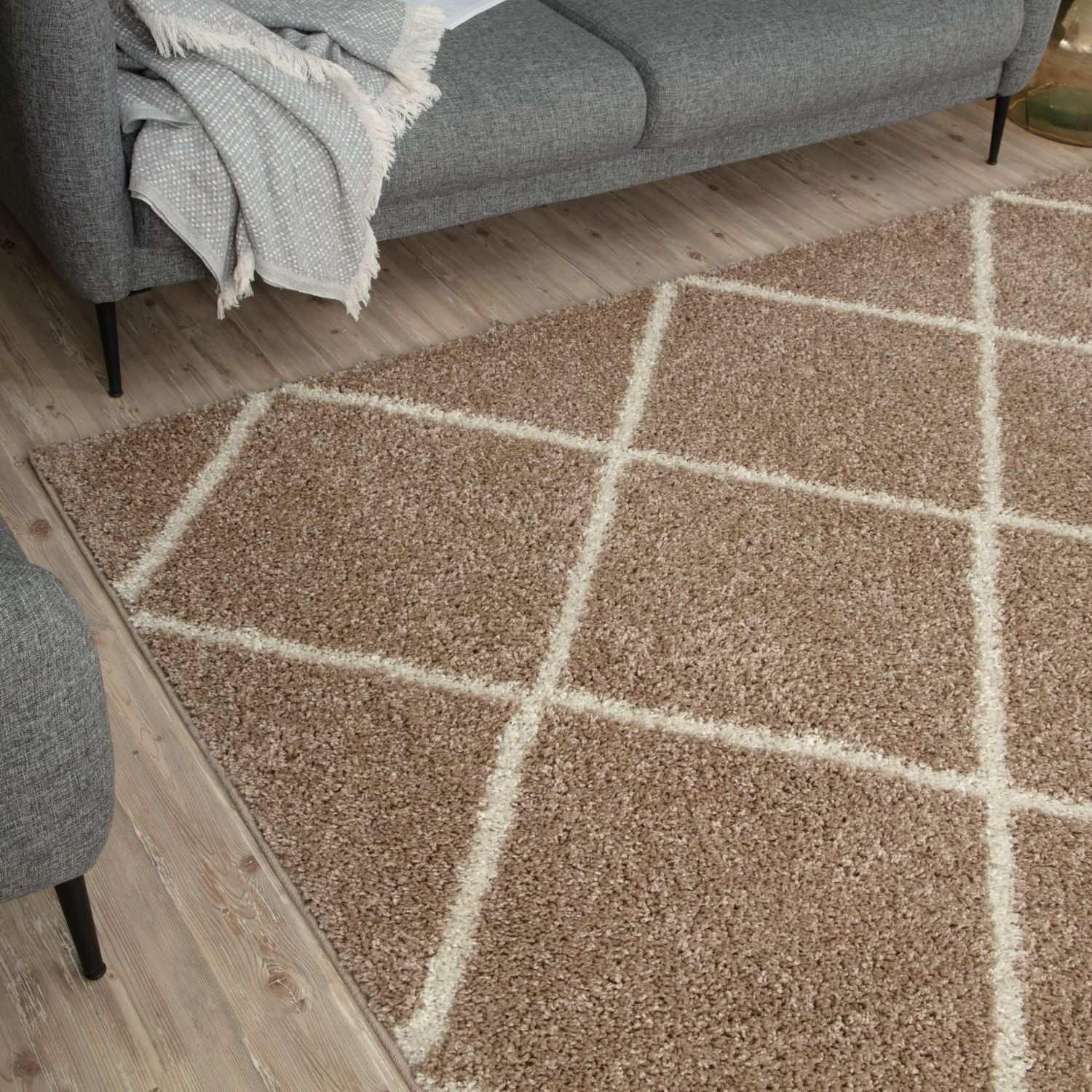 Moroccan beige shaggy rug with a cream-colored diamond grid pattern perfect for cozy living spaces