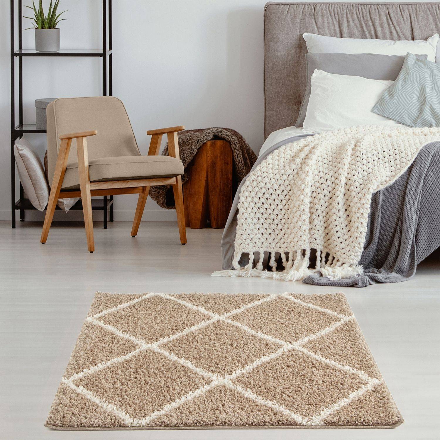 Moroccan beige shaggy rug with cream-colored diamond pattern in a soft beige shaggy texture perfect for cozy spaces