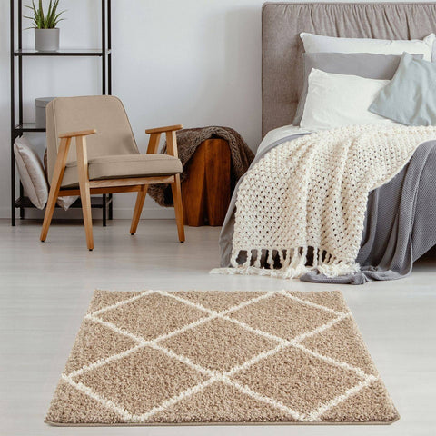Moroccan beige shaggy rug with cream-colored diamond pattern in a soft beige shaggy texture perfect for cozy spaces