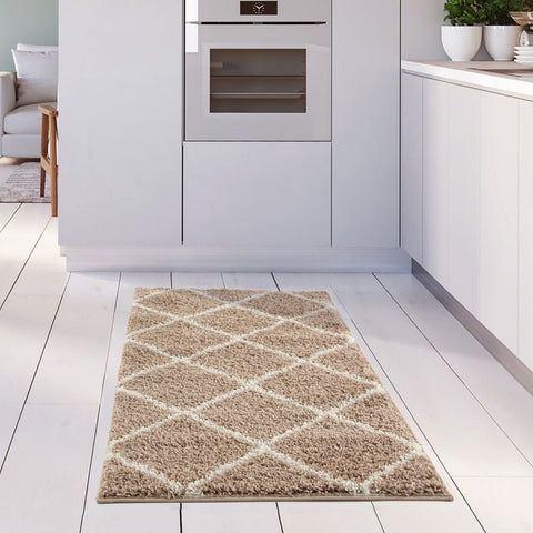 Moroccan beige shaggy rug with cream-colored diamond pattern in soft beige shaggy texture for cozy spaces