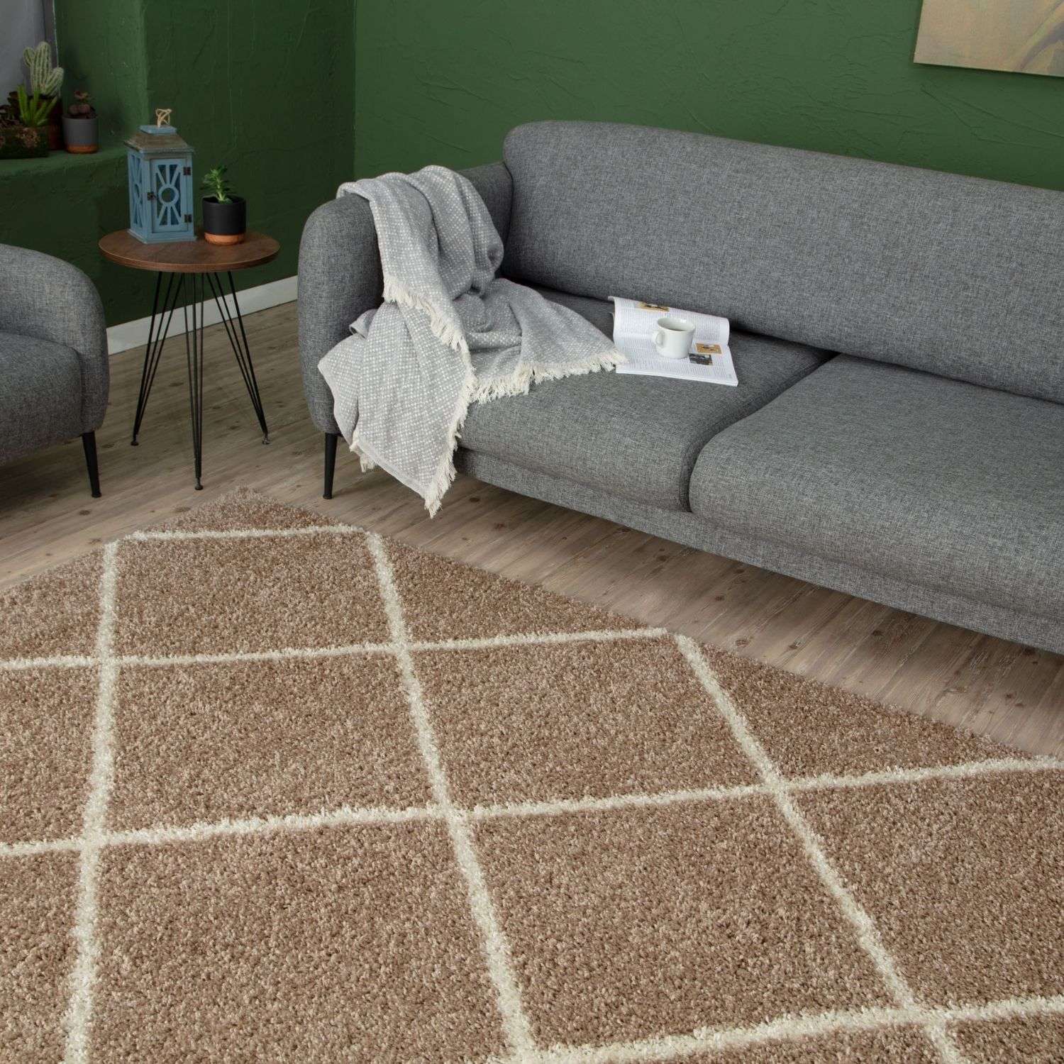 Moroccan beige shaggy rug with cream-colored grid pattern perfect for cozy living spaces and modern decor