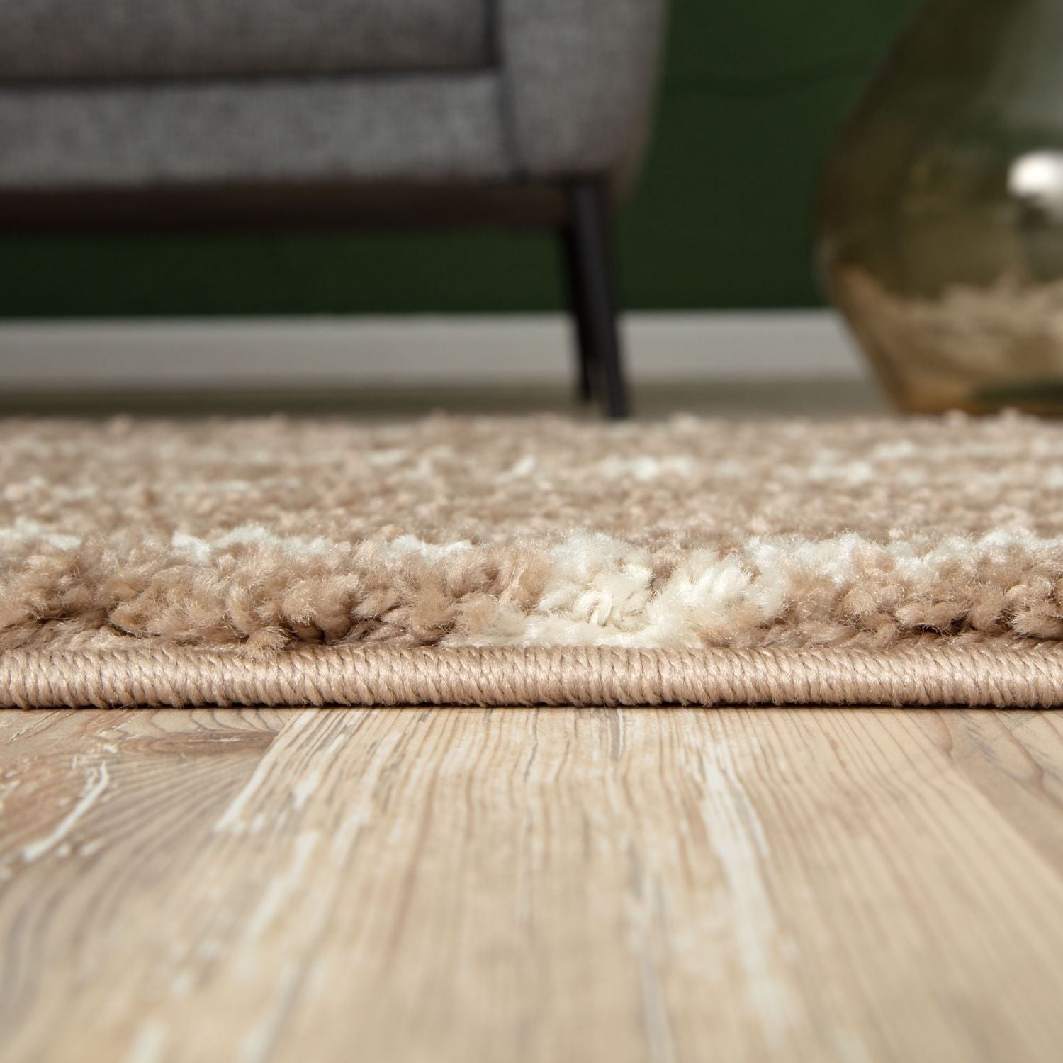 Moroccan beige shaggy rug with textured braided edge in beige and cream perfect for cozy home decor