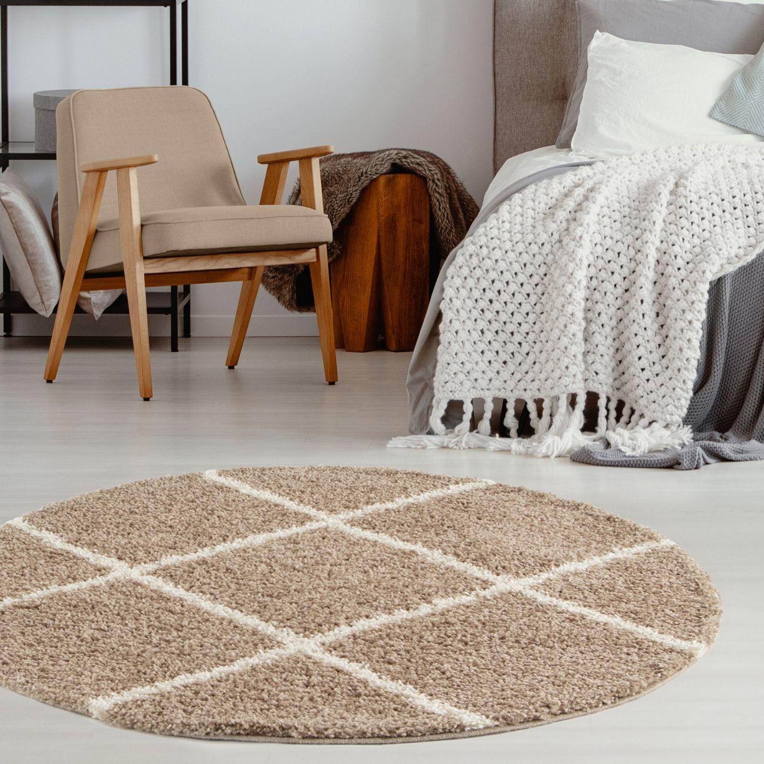 Moroccan beige shaggy round rug with cream diamond pattern in soft beige shaggy texture perfect for living rooms