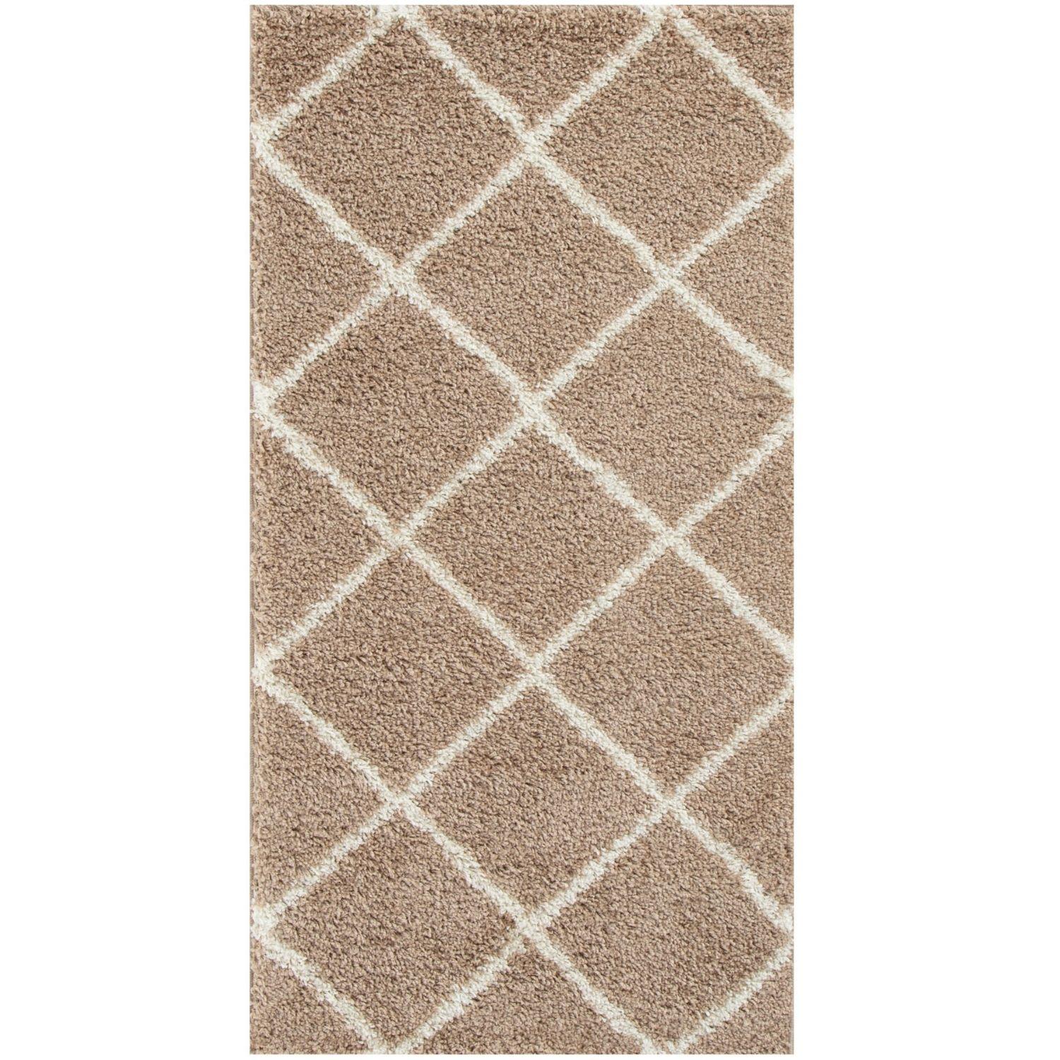 Moroccan beige shaggy rug with a cream-colored diamond grid pattern for cozy home decor