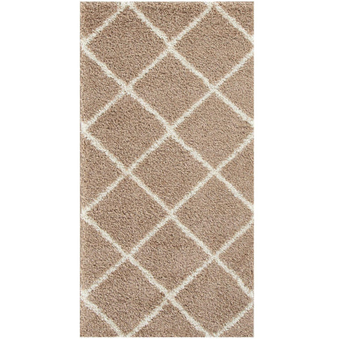 Moroccan beige shaggy rug with a cream-colored diamond grid pattern for cozy home decor