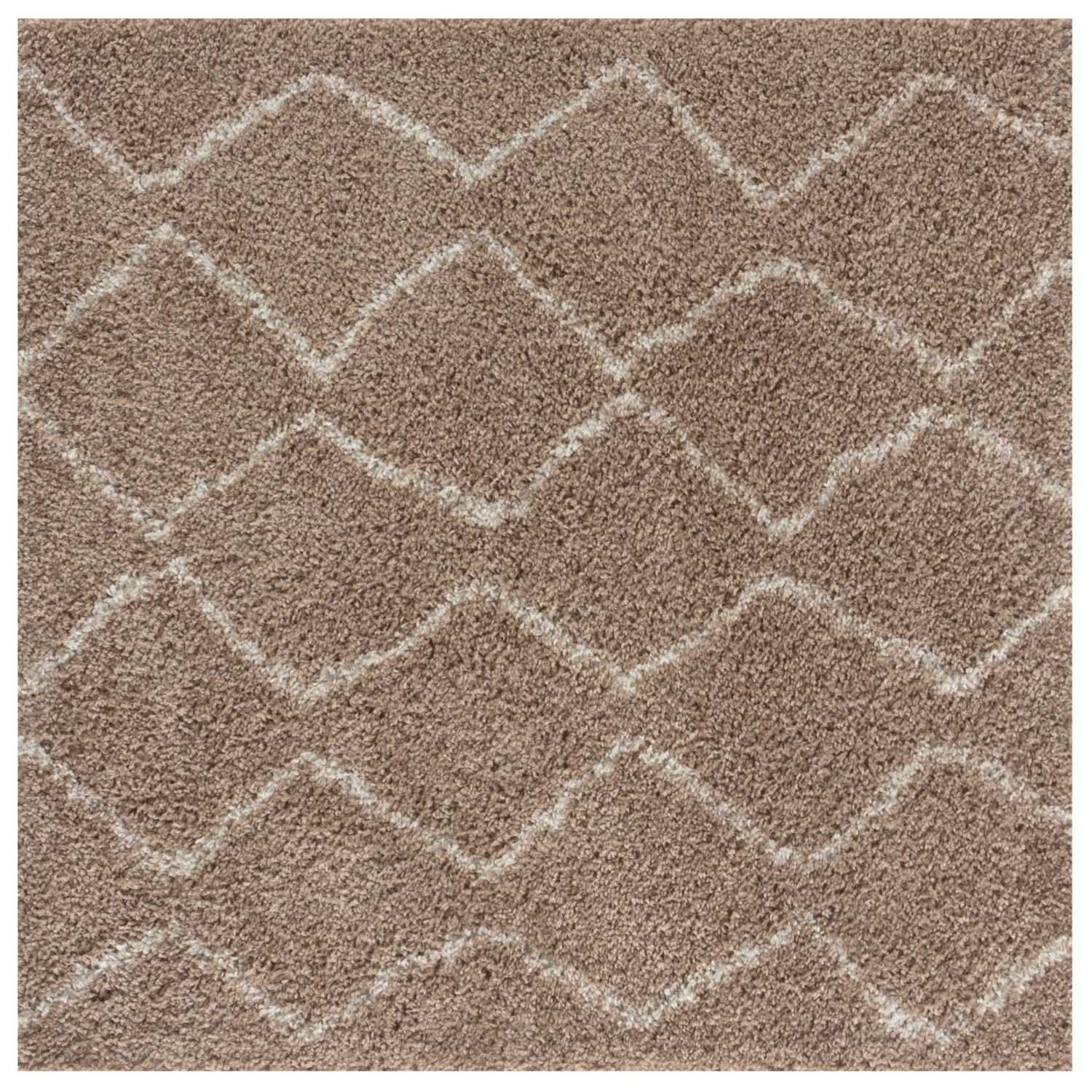 Brown shag rug with moroccan beige shaggy geometric diamond pattern in lighter beige tones for cozy decor