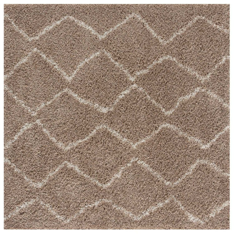 Brown shag rug with moroccan beige shaggy geometric diamond pattern in lighter beige tones for cozy decor