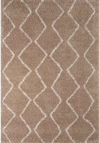 A moroccan beige shaggy rug with a soft textured surface and cream diamond geometric pattern in beige tones